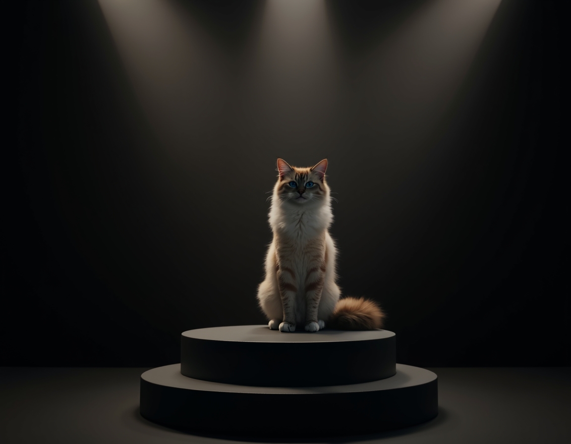 Photorealistic studio portrait of cat sitting elegantly on a black podium under a bright spotlight.